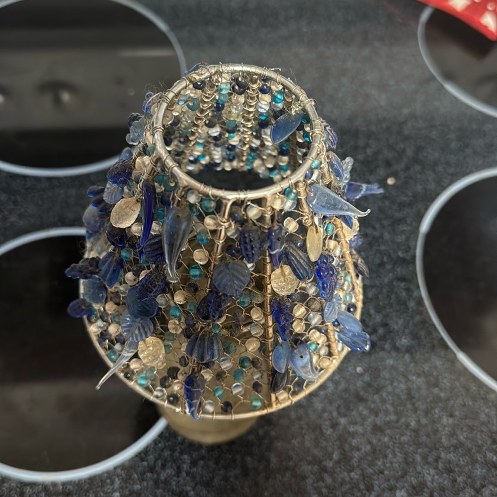 Votive candle holder with blue accent beads